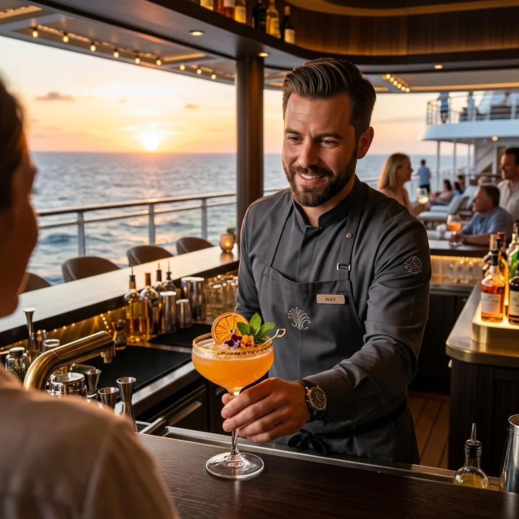 Luxury resort and cruise ship bartender serving at sunset