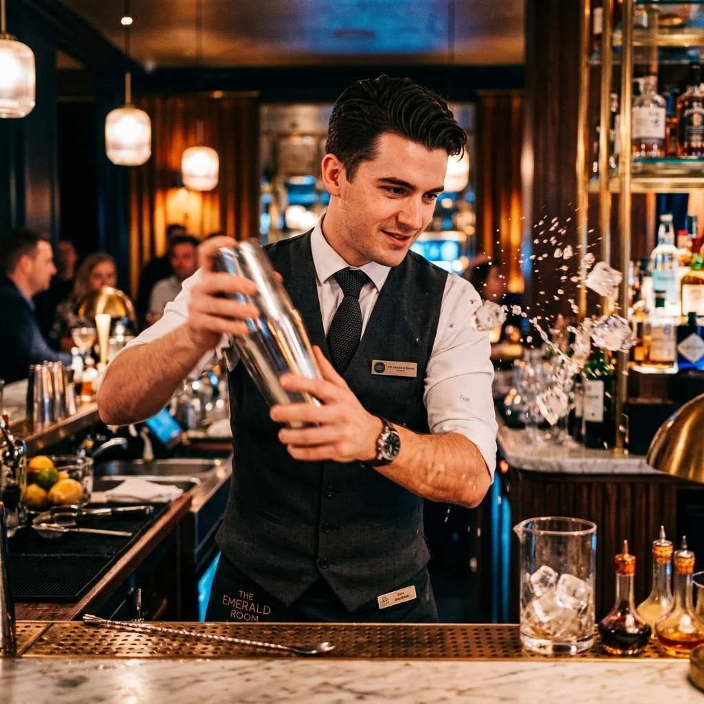Mixology student shaking cocktail during bar management training