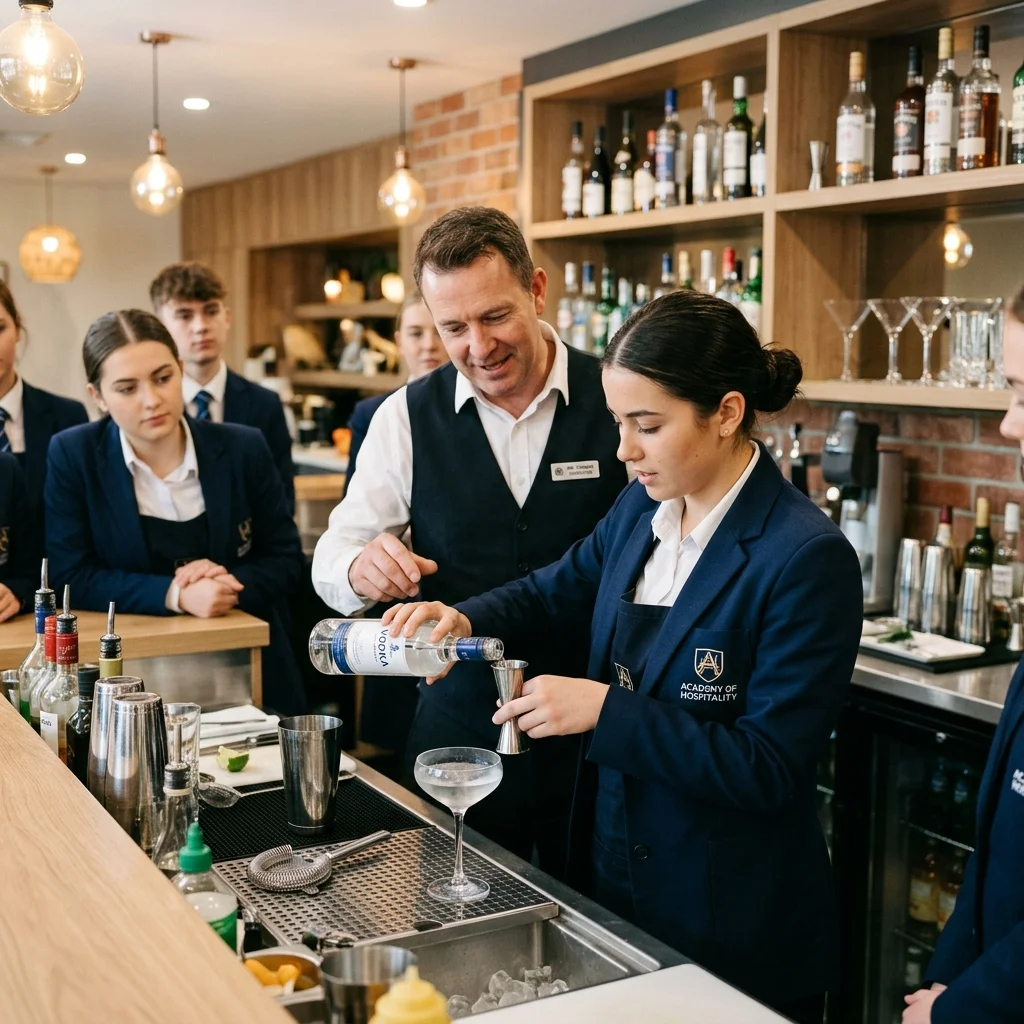 Students practicing mixology in simulated mock bar setup